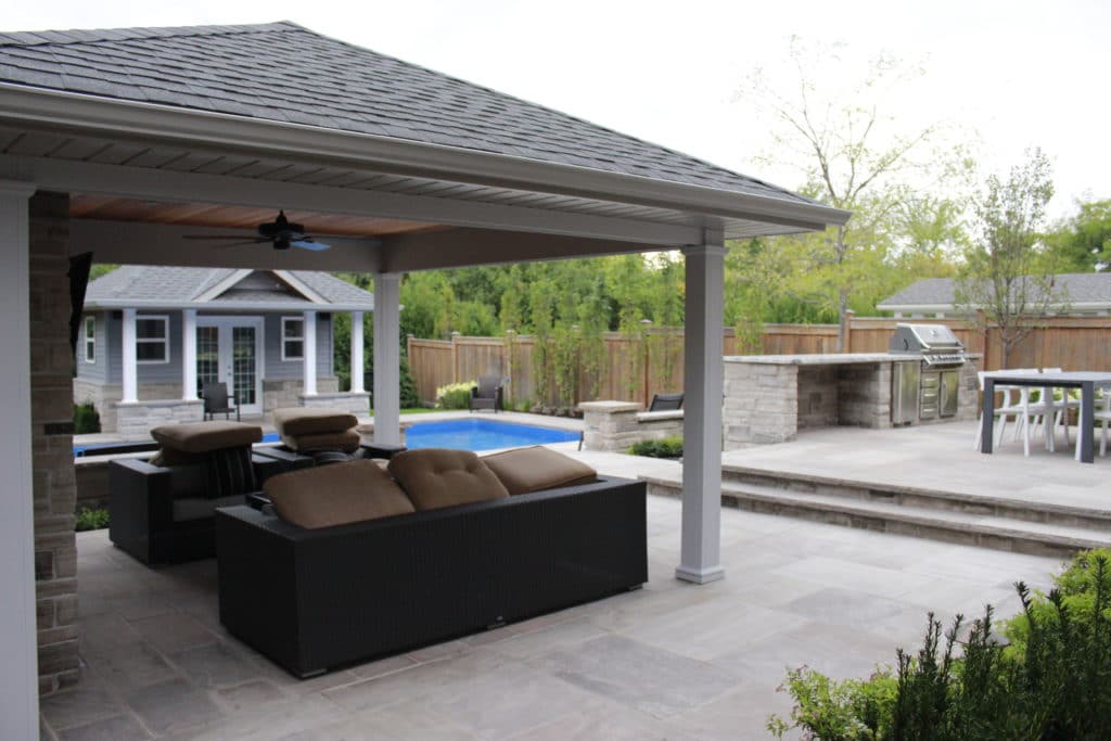cabana, flagstone, types of covered patio, pool landsacping